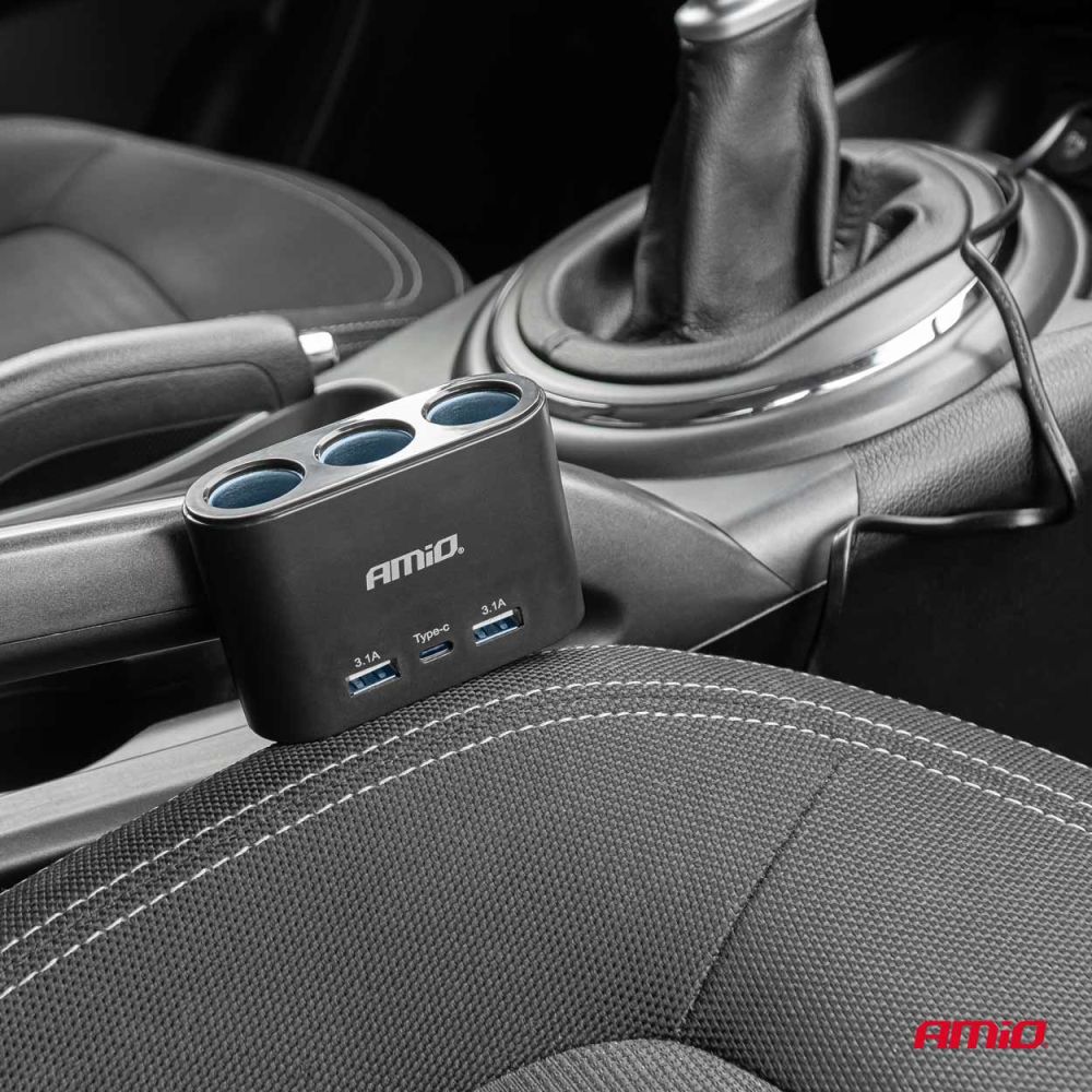 Amio - ΑΝΤΑΠΤΟΡΑΣ ΑΝΑΠΤΗΡΑ 12/24V 120W ΜΑΥΡΟΣ/3 ΘΕΣΕΙΣ/2xUSB-A+1xUSB-C ΤΑΧΕΙΑΣ ΦΟΡΤΙΣΗΣ/ΚΑΛΩΔΙΟ 70cm - 1 Τεμ. (04361/AM)