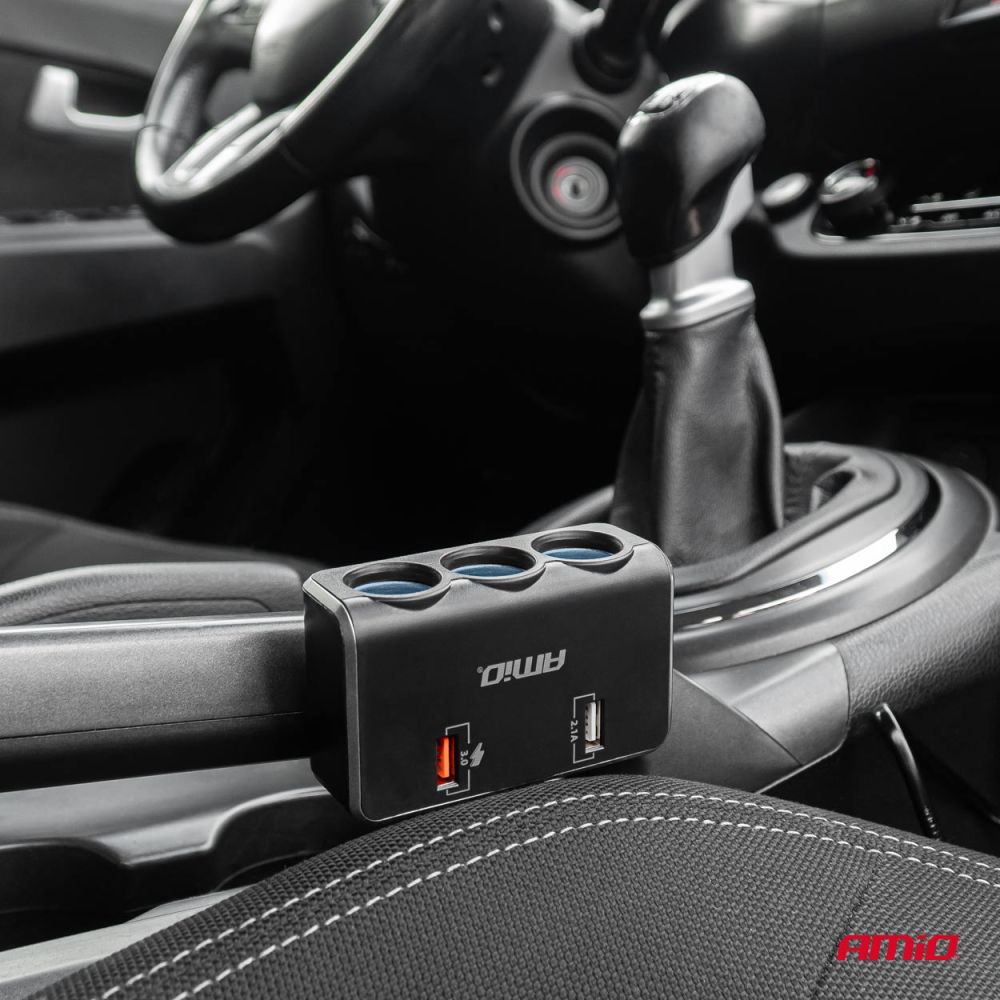 Amio - ΑΝΤΑΠΤΟΡΑΣ ΑΝΑΠΤΗΡΑ 12/24V 120W ΨΗΦΙΑΚΟΣ ΜΑΥΡΟΣ/3 ΘΕΣΕΙΣ/2xUSB-A QC 3.0 ΜΕ ΚΑΛΩΔΙΟ 80cm - 1 Τεμ. (04364/AM)