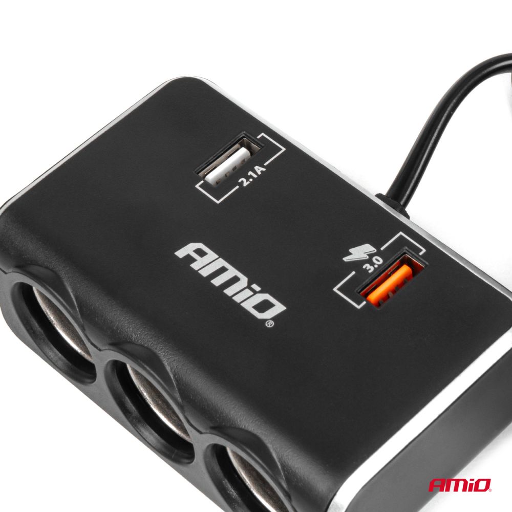 Amio - ΑΝΤΑΠΤΟΡΑΣ ΑΝΑΠΤΗΡΑ 12/24V 120W ΨΗΦΙΑΚΟΣ ΜΑΥΡΟΣ/3 ΘΕΣΕΙΣ/2xUSB-A QC 3.0 ΜΕ ΚΑΛΩΔΙΟ 80cm - 1 Τεμ. (04364/AM)