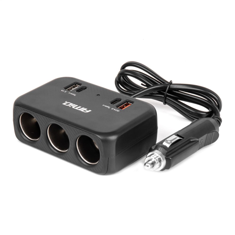 Amio - ΑΝΤΑΠΤΟΡΑΣ ΑΝΑΠΤΗΡΑ 12/24V 120W ΜΑΥΡΟΣ/3 ΘΕΣΕΙΣ/1xUSB-A+1xUSB-C QC 4.0 ΤΑΧΕΙΑΣ ΦΟΡΤΙΣΗΣ/ΚΑΛΩΔΙΟ 80cm - 1 Τεμ. (04365/AM)