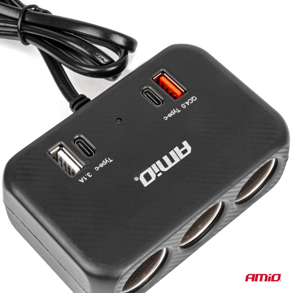 Amio - ΑΝΤΑΠΤΟΡΑΣ ΑΝΑΠΤΗΡΑ 12/24V 120W ΜΑΥΡΟΣ/3 ΘΕΣΕΙΣ/1xUSB-A+1xUSB-C QC 4.0 ΤΑΧΕΙΑΣ ΦΟΡΤΙΣΗΣ/ΚΑΛΩΔΙΟ 80cm - 1 Τεμ. (04365/AM)