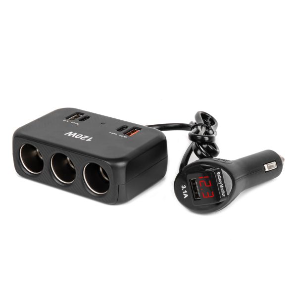 ΑΝΤΑΠΤΟΡΑΣ ΑΝΑΠΤΗΡΑ 12/24V 120W ΨΗΦΙΑΚΟΣ ΜΑΥΡΟΣ/3 ΘΕΣΕΙΣ/2xUSB-A + 1xUSB-C QC 4.0  ΜΕ ΚΑΛΩΔΙΟ 80cm AMIO - 1 Τεμ.