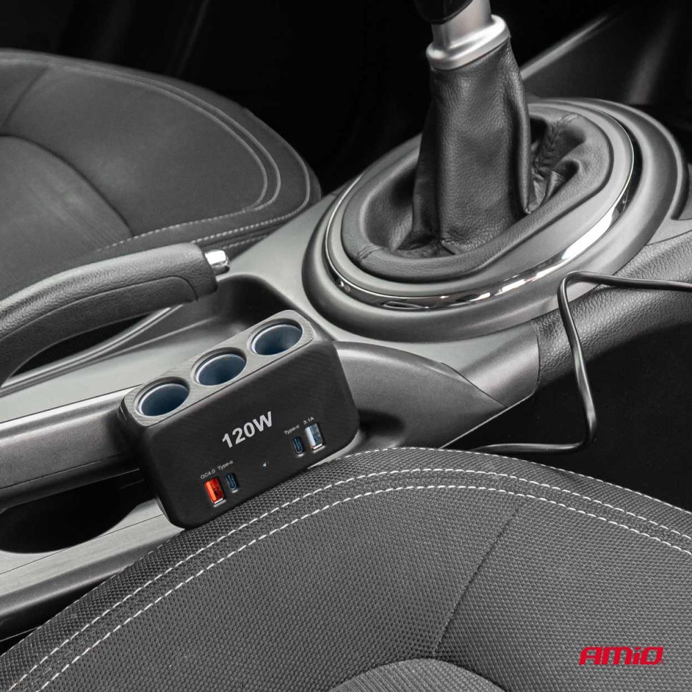 Amio - ΑΝΤΑΠΤΟΡΑΣ ΑΝΑΠΤΗΡΑ 12/24V 120W ΨΗΦΙΑΚΟΣ ΜΑΥΡΟΣ/3 ΘΕΣΕΙΣ/2xUSB-A + 1xUSB-C QC 4.0 ΜΕ ΚΑΛΩΔΙΟ 80cm - 1 Τεμ. (04366/AM)