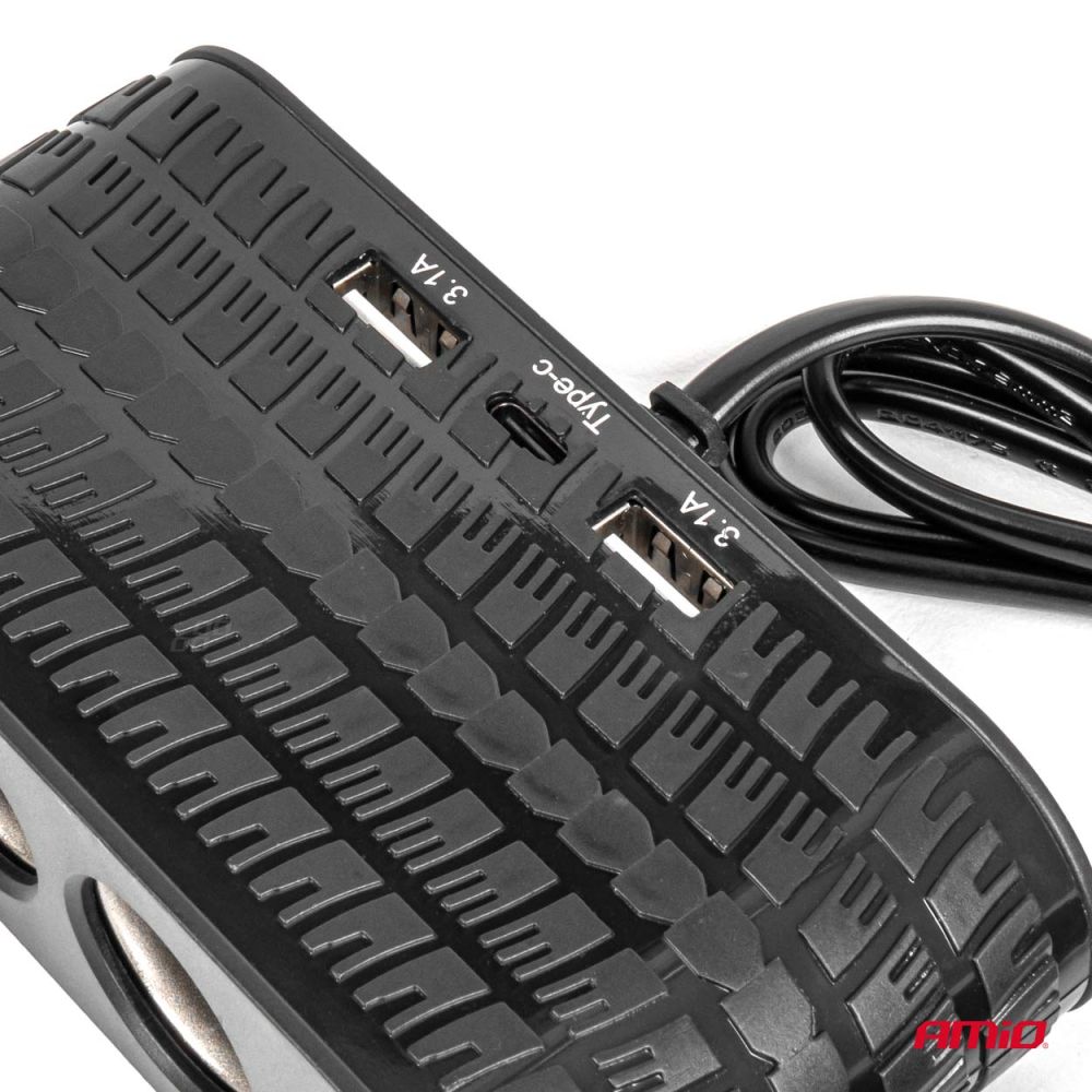 Amio - ΑΝΤΑΠΤΟΡΑΣ ΑΝΑΠΤΗΡΑ 12/24V 120W ΜΑΥΡΟΣ - 4 ΘΕΣΕΙΣ - 2xUSB-A + 1xUSB-C - ΚΑΛΩΔΙΟ 80cm - 1 Τεμ. (04367/AM)