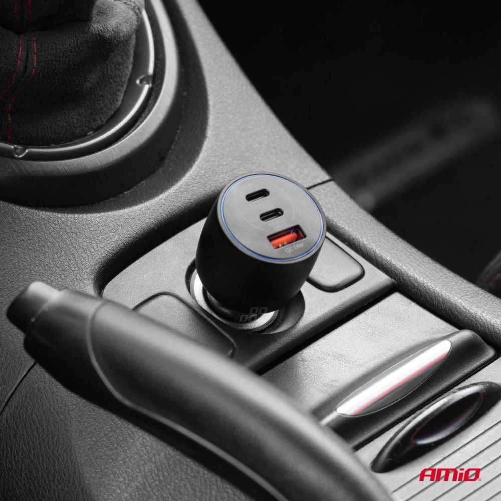 Amio - ΦΟΡΤΙΣΤΗΣ ΑΝΑΠΤΗΡΑ 12/24V ΜΕ 3 ΘΥΡΕΣ 2xUSB-C/1xUSB-A 95W 5V/3A ΤΑΧΕΙΑΣ ΦΟΡΤΙΣΗΣ ΑΛΟΥΜΙΝΙΟ/ΜΑΥΡΟΣ - 1 Τεμ. (04371/AM)