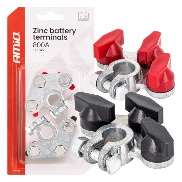Amio - Πόλοι Μπαταρίας Αυτοκινήτου 800A Βαρέως Τύπου – Σετ (+/-), Επιψευδαργυρωμένες, Για 12/24V - 2 τεμ. (04391/AM)