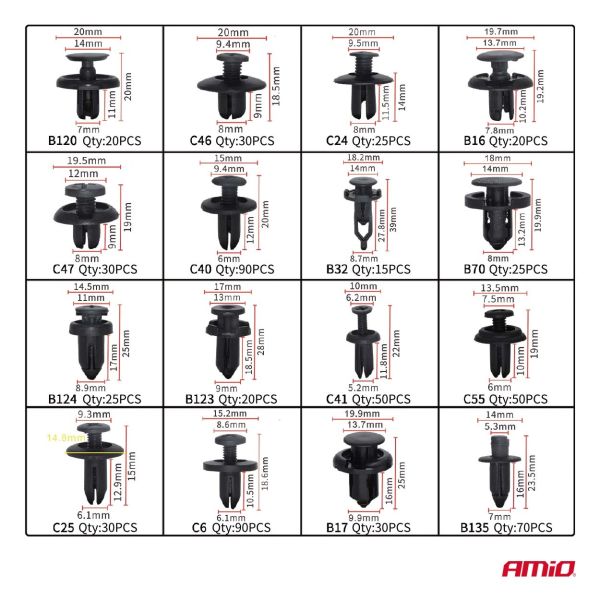 Amio - Σετ Κλιπς & Πριτσινιών Αμαξώματος με Εργαλεία Αφαίρεσης 650 τεμ. – Για Αυτοκίνητα & Μοτοσυκλέτες - 1 τεμ. (04433/AM)