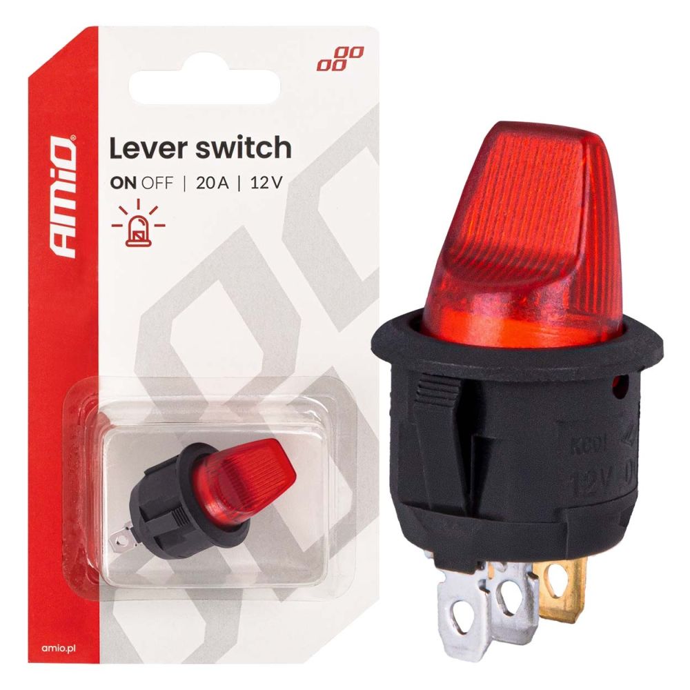 Amio - Διακόπτης Μοχλός 12V 20A με Κόκκινο Φωτισμό – Για Οχήματα & Βιομηχανικές Εφαρμογές - 1 τεμ. (04438/AM)