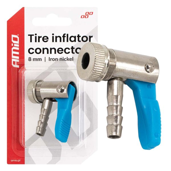 Amio - Προσαρμογέας Ακροφυσίου (Ρακόρ) Φουσκώματος Ελαστικών για σωλήνα διαμέτρου 8mm κατασκευασμένος από κράμα Σιδήρου με επικάλυψη Νικελίου - 1 τεμ. (04498/AM)