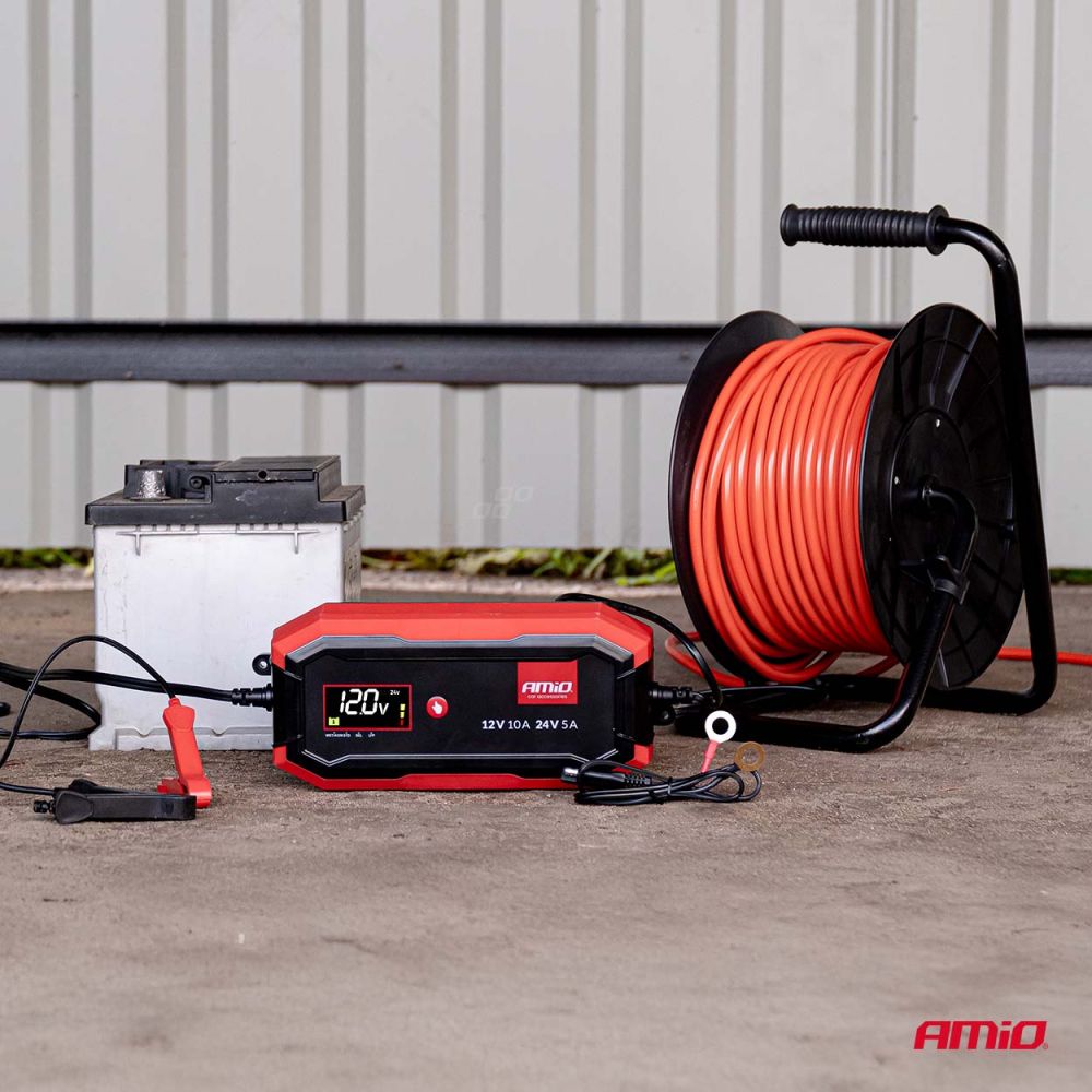 Amio - Φορτιστής Μπαταρίας Ψηφιακός PRO AGM GEL LiFePo4 (LFP) τάση λειτουργίας 12/24V ένταση ρεύματος 10A για Επιβατικά Αυτοκίνητα και Φορτηγά - 1 τεμ. (04228/AM)