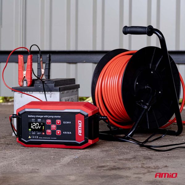 Amio - Ψηφιακός Φορτιστής Μπαταρίας και Συντηρητής τάση λειτουργίας 12/24V τύπου Pro για μπαταρίες AGM, GEL και LiFePo4 (LFP) με μέγιστη ένταση ρεύματος 16A για Επιβατικά Αυτοκίνητα και Σκάφη - 1 τεμ. (04529/AM)