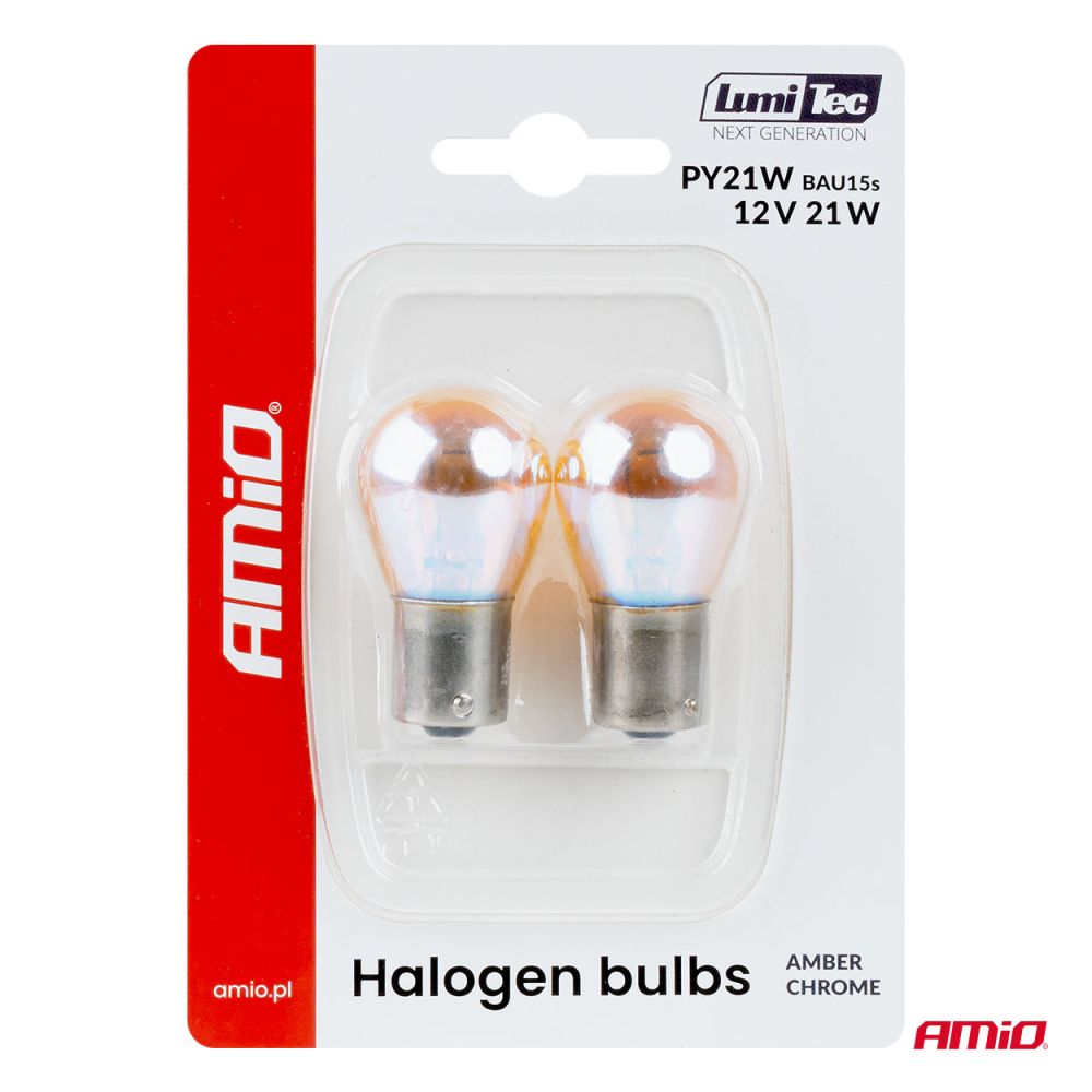Amio – Λάμπες Αλογόνου PY21W BAU15s 12V 21W Πορτοκαλί/Χρώμιο Lumitec για Φλας & Καθαρή Σήμανση – Σετ 2 Τεμ. (04627/AM)
