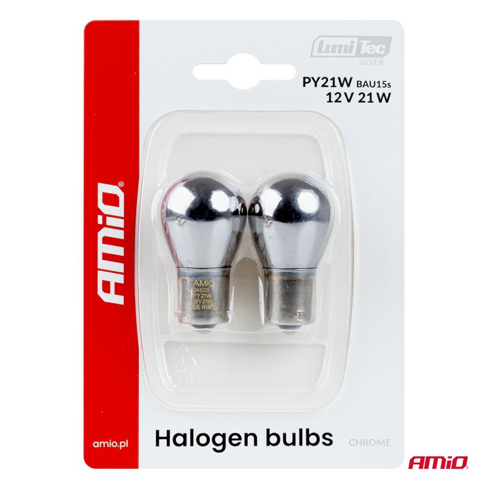 Amio – Λάμπες Αλογόνου PY21W BAU15s 12V 21W Λευκό/Χρώμιο Lumitec για Φλας & Φώτα Θέσης – Σετ 2 Τεμ. (04629/AM)
