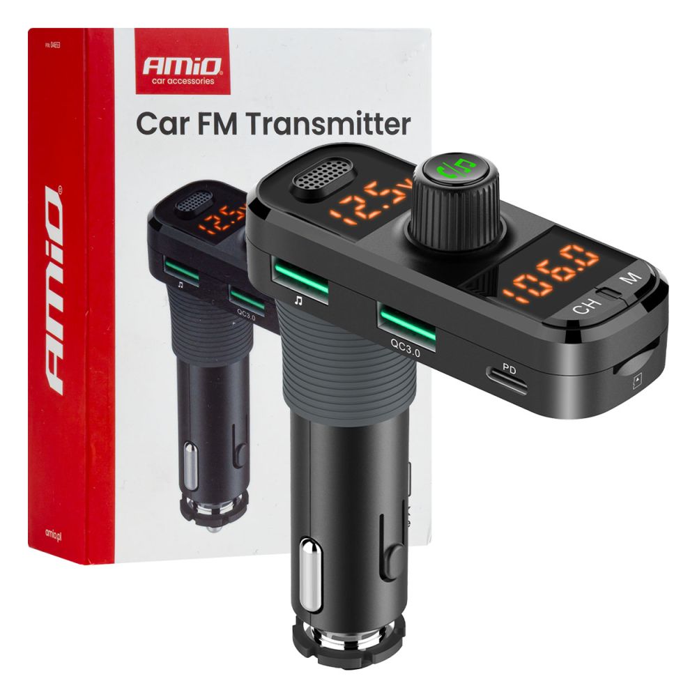 Amio - FM Transmitter Αναπτήρα τύπου FMT06 τάση λειτουργίας 12-24V με 2xUSB Type-A, 1xUSB Type-C και υποδοχή microSD για Επιβατικά Αυτοκίνητα και Φορτηγά - 1 τεμ. (04653/AM)