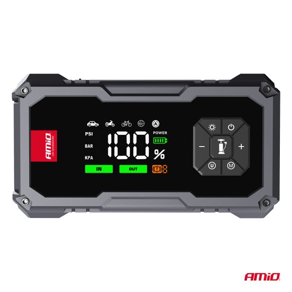 Amio - Φορητός Εκκινητής Μπαταρίας (Jump Starter) με ενσωματωμένο Κομπρεσέρ Αέρα, Powerbank και Φακό LED τάση λειτουργίας 12V με χωρητικότητα 7,2Ah και μέγιστο ρεύμα εκκίνησης 600A για Επιβατικά Αυτοκίνητα - 1 τεμ. (04674/AM)