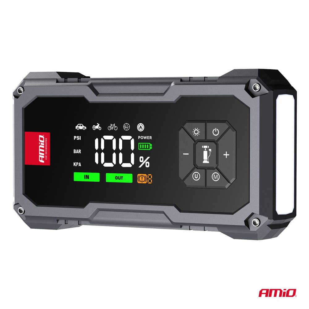 Amio - Φορητός Εκκινητής Μπαταρίας (Jump Starter) με ενσωματωμένο Κομπρεσέρ Αέρα, Powerbank και Φακό LED τάση λειτουργίας 12V με χωρητικότητα 7,2Ah και μέγιστο ρεύμα εκκίνησης 600A για Επιβατικά Αυτοκίνητα - 1 τεμ. (04674/AM)