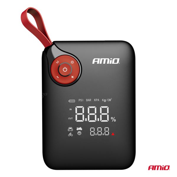 Amio - Φορητός Εκκινητής Μπαταρίας (Jump Starter) Mini με ενσωματωμένο Κομπρεσέρ Αέρα, Powerbank και Φακό LED τάση λειτουργίας 12V με χωρητικότητα 7,2Ah και μέγιστο ρεύμα εκκίνησης 600A για Επιβατικά Αυτοκίνητα - 1 τεμ. (04675/AM)