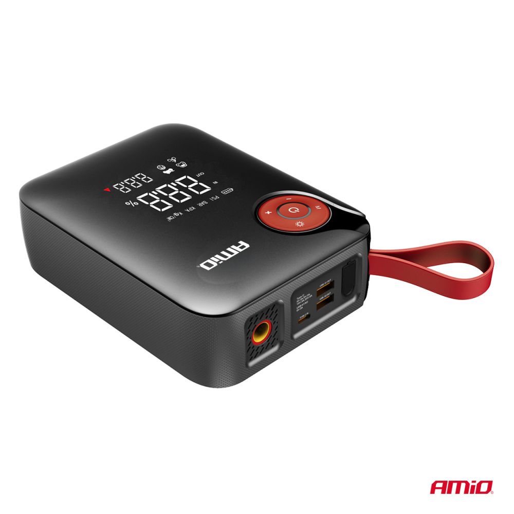 Amio - Φορητός Εκκινητής Μπαταρίας (Jump Starter) Mini με ενσωματωμένο Κομπρεσέρ Αέρα, Powerbank και Φακό LED τάση λειτουργίας 12V με χωρητικότητα 7,2Ah και μέγιστο ρεύμα εκκίνησης 600A για Επιβατικά Αυτοκίνητα - 1 τεμ. (04675/AM)