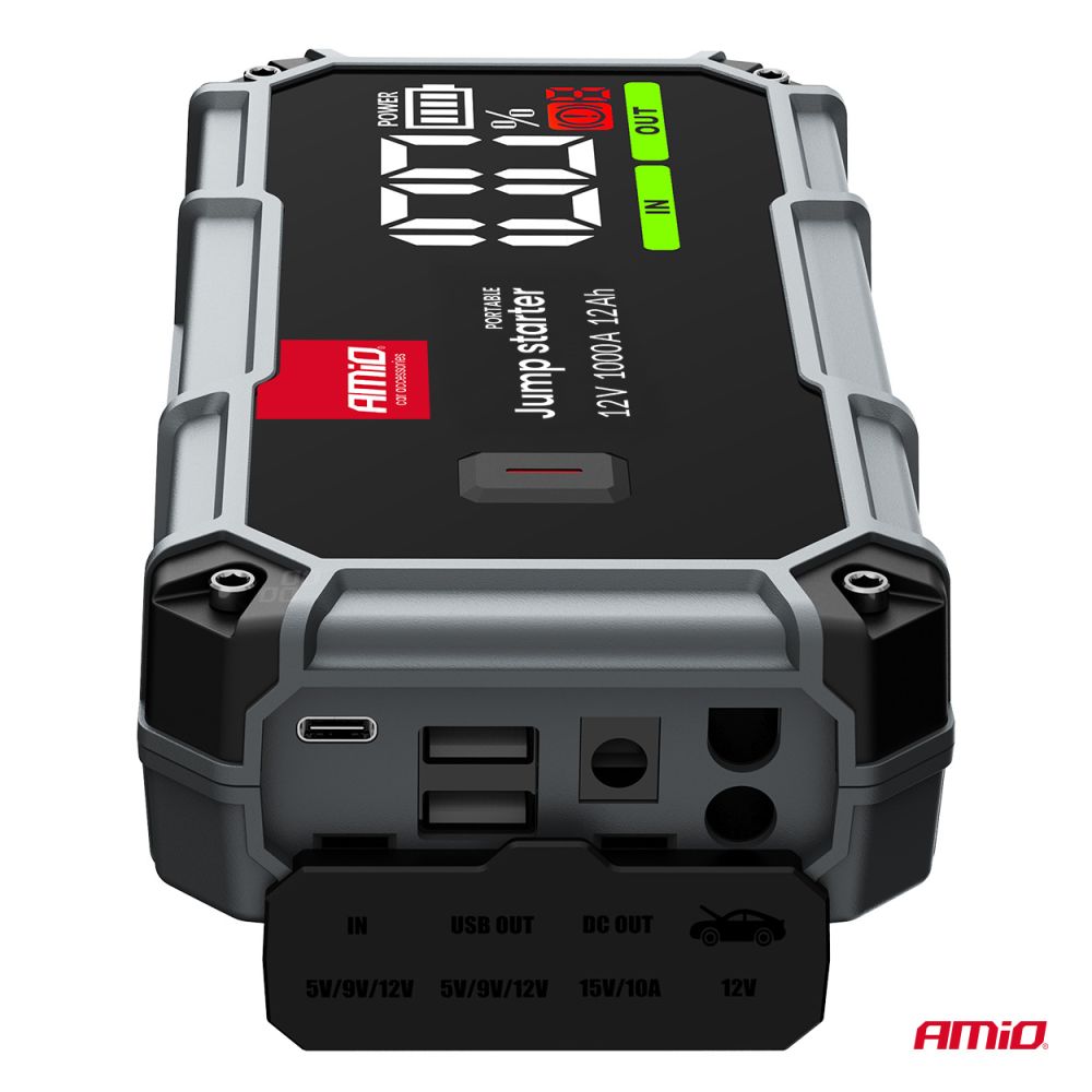 Amio - Φορητός Εκκινητής Μπαταρίας (Jump Starter), Powerbank και Φακός LED τάση λειτουργίας 12V με χωρητικότητα 12Ah και ρεύμα εκκίνησης 500A (στιγμιαία μέγιστη ισχύς 1000A) σειρά Pro για Επιβατικά Αυτοκίνητα - 1 τεμ. (04676/AM)