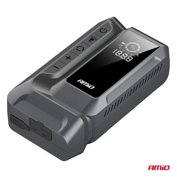 Amio - Φορητός Εκκινητής Μπαταρίας (Jump Starter) 4 σε 1 με ενσωματωμένο Κομπρεσέρ Αέρα, Powerbank και Φακό LED τάση λειτουργίας 12V με χωρητικότητα 12Ah και μέγιστο ρεύμα εκκίνησης 1600A για Επιβατικά Αυτοκίνητα - 1 τεμ. (04677/AM)