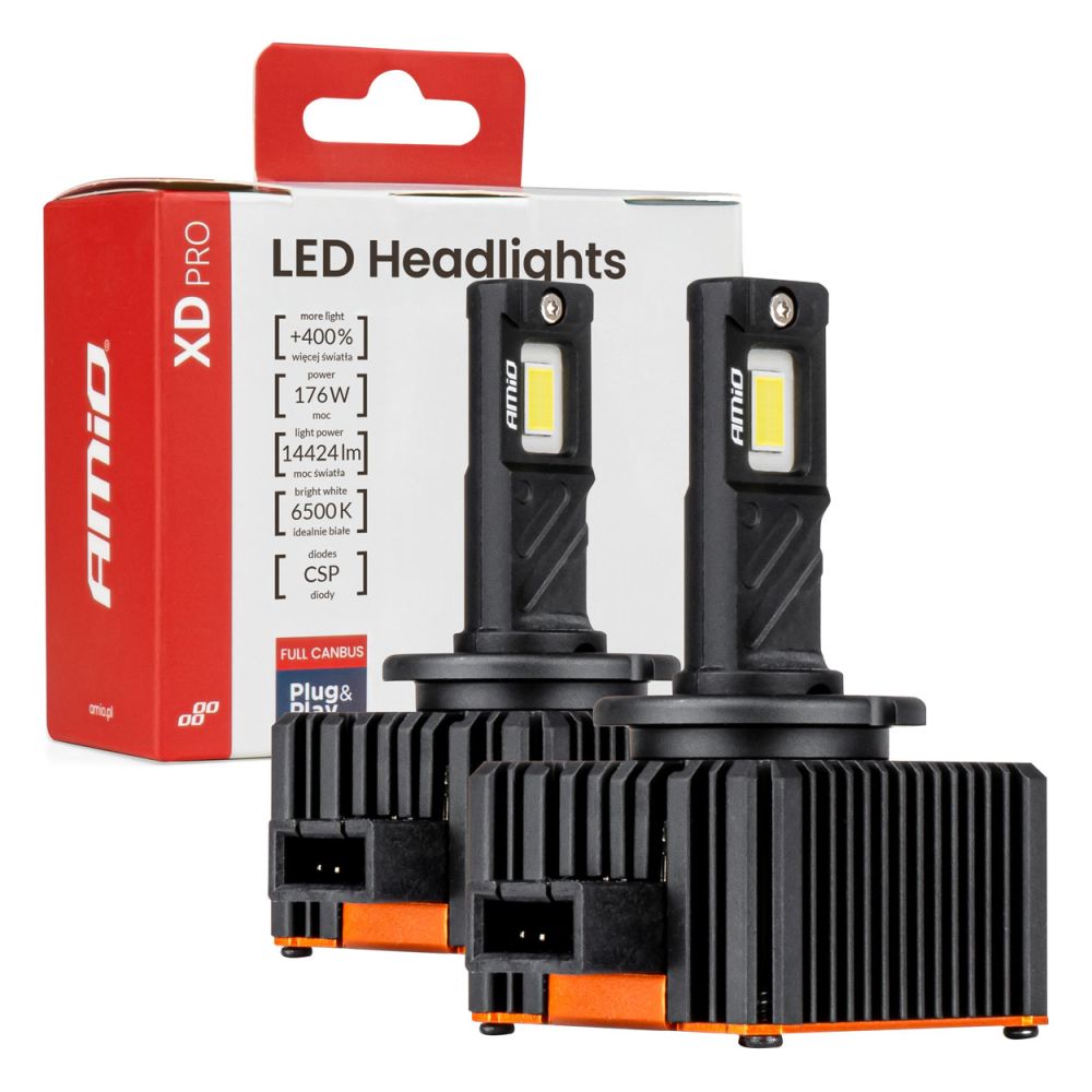 Amio - Λαμπτήρες LED Φώτων Εμπρός τύπου D8S βάση PK32d-1 τάση λειτουργίας 12V απόδοσης 176W (14424lm) XD PRO Series FULL CANBUS 6500K με ψύκτρα Plug & Play για Επιβατικά Αυτοκίνητα - 2 τεμ. (04684/AM)