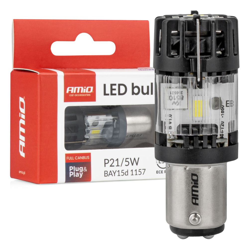 Amio – LED CSP P21/5W BAY15d Διπολικό 12V 66W 4800lm 6500K Full CANBUS για Στοπ & Θέσης Ισχυρό Φως – 1 Τεμ. (04689/AM)