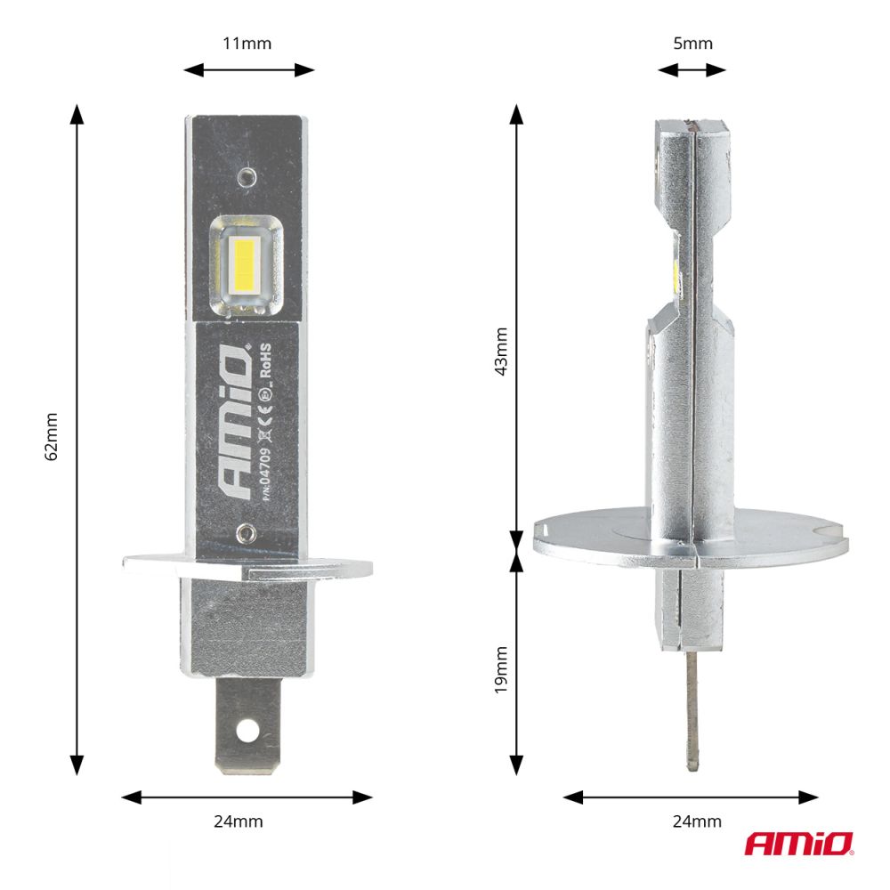 Amio - Λαμπτήρες LED Φώτων Εμπρός τύπου H1 βάση P14.5s τάση λειτουργίας 12V απόδοσης 20W (2920lm) Series H25 CANBUS 6000K για Επιβατικά Αυτοκίνητα - 2 τεμ. (04709/AM)