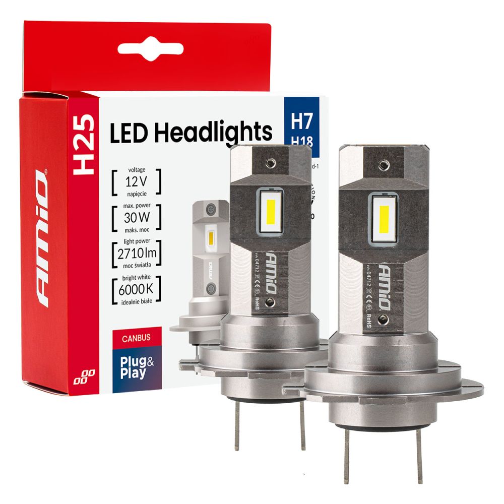 Amio - Λαμπτήρες LED Φώτων Εμπρός τύπου H7/H18 βάση PX26d/PY26d-1 τάση λειτουργίας 12V απόδοσης 30W (2710lm) Series H25 CANBUS 6000K για Επιβατικά Αυτοκίνητα - 2 τεμ. (04712/AM)