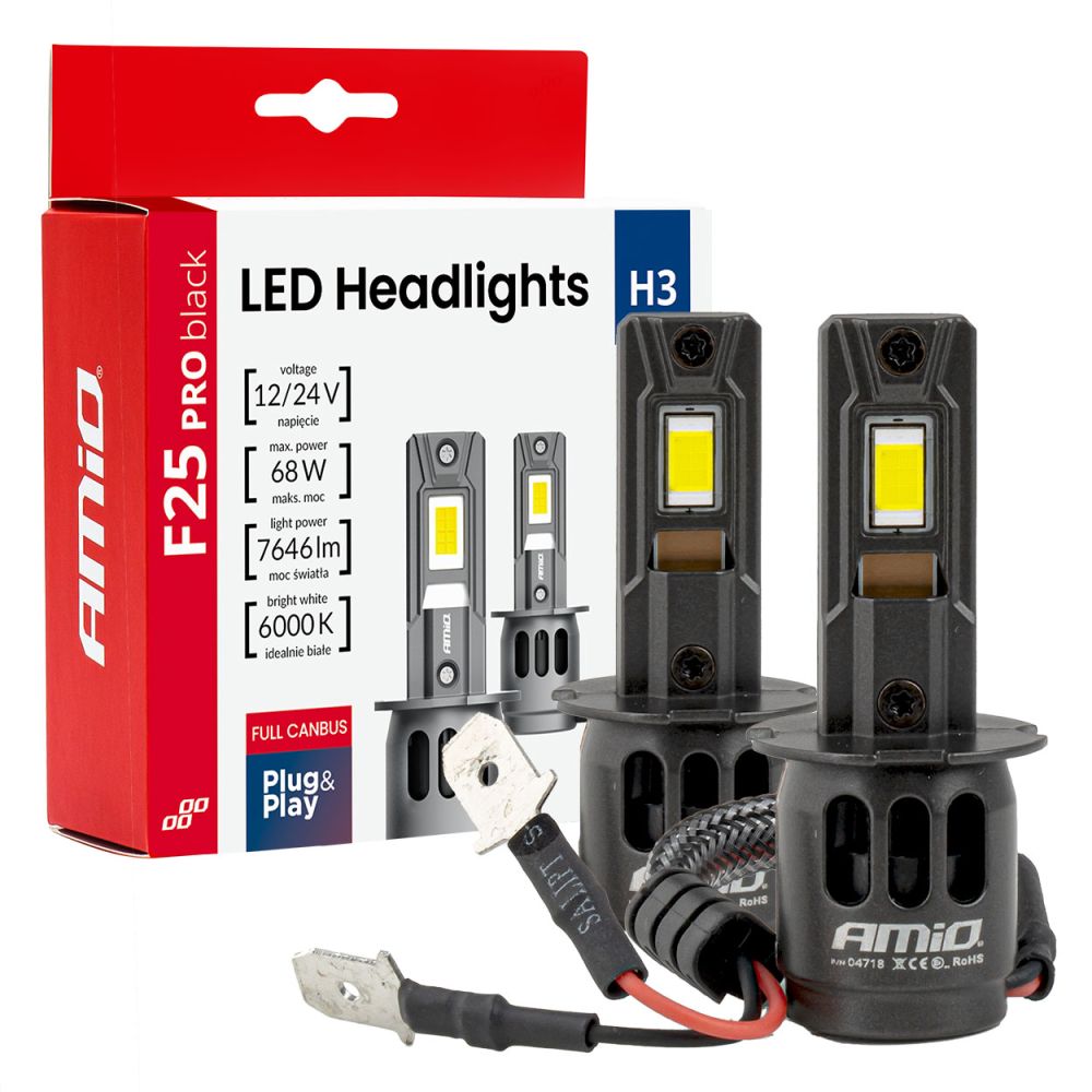 ΠΡΟΣΦΟΡΑ Amio - Λαμπτήρες LED F25 PRO Black Edition H3 68W 12-24V Full CAN Bus με Φωτεινότητα 7646lm σε Ψυχρό Λευκό 6000K για Επιβατικά Αυτοκίνητα & Φορτηγά - Σετ 2 τεμ. (04718/AM)