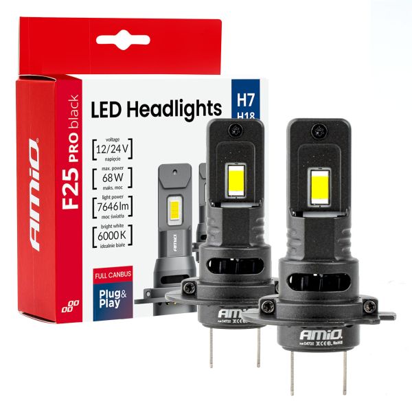 Amio - Λαμπτήρες LED F25 PRO Black Edition H7 68W 12-24V Full CAN Bus με Φωτεινότητα 7646lm σε Ψυχρό Λευκό 6000K για Επιβατικά Αυτοκίνητα & Φορτηγά - Σετ 2 τεμ. (04720/AM)