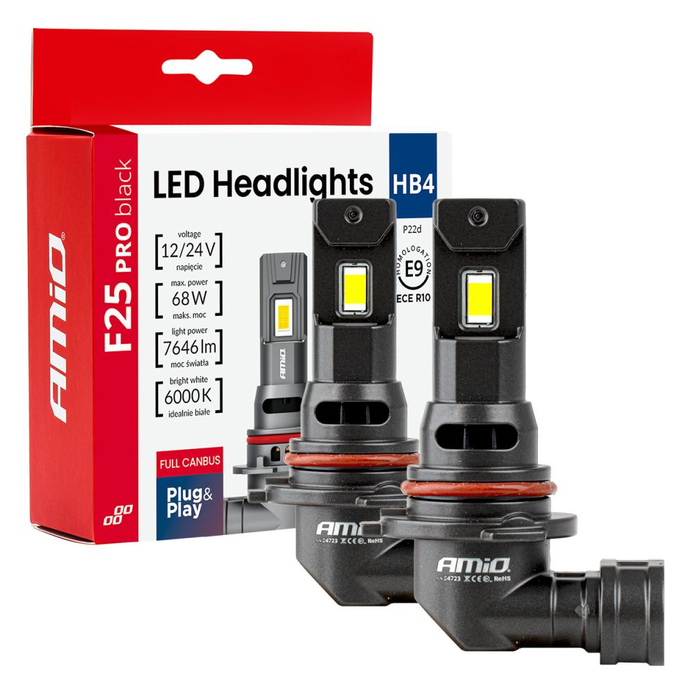 Amio - Λαμπτήρες LED F25 PRO Black Edition HB4 (9006) 68W 12-24V Full CAN Bus με Φωτεινότητα 7646lm σε Ψυχρό Λευκό 6000K για Επιβατικά Αυτοκίνητα & Φορτηγά - Σετ 2 τεμ. (04723/AM)
