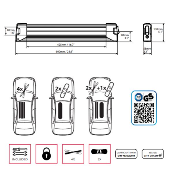 Menabo - Βάση Σκι Οροφής Αλουμινίου Yelo 4 NS Black με Κλειδί για 4 Ζευγάρια Σκι ή 2 Snowboard για Ασφαλή Μεταφορά Φορτίου - 1 Σετ (14590/MB)