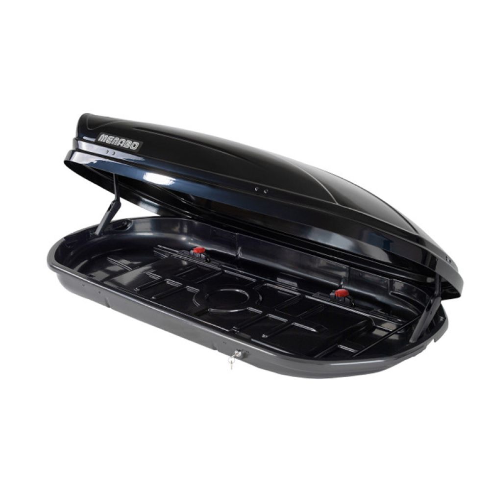 Menabo - Μπαγκαζιέρα Οροφής Mania 580 Duo Διπλό Άνοιγμα Black με Δαγκάνες Crab (Μαύρη / Γυαλιστερή 224,4x89x36,4cm) για Ασφαλή Μεταφορά Φορτίου - 1 Σετ (16910/MB)