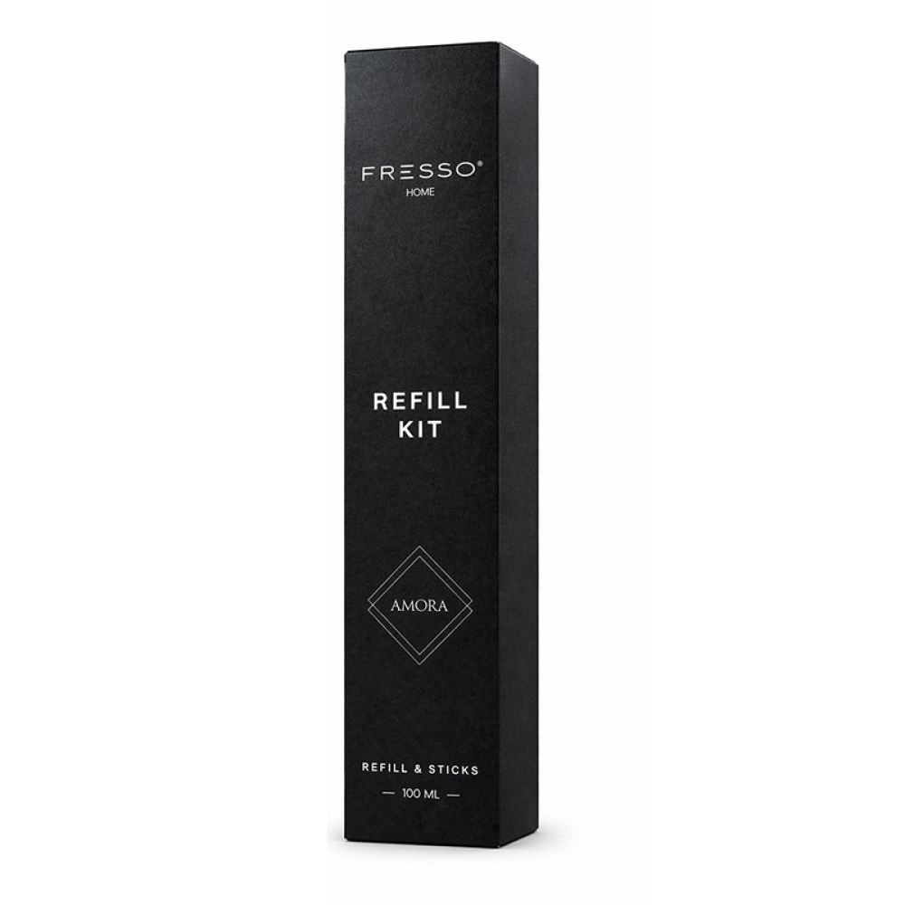 Fresso - Κιτ Αναπλήρωσης με Άρωμα Amora 100 ml Premium Home Refill Kit και 6 Μαύρα Στικ από Fiberglass για Αρωματικό Χώρου Reed Diffuser - 1 Τεμ. (390051/FRE)