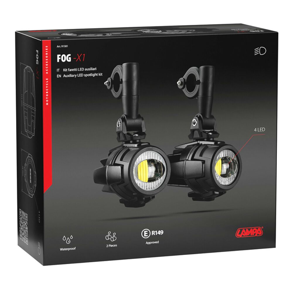 Lampa - Προβολείς Ομίχλης Moto FOG-X1 12V 20W 2123lm 6000-6500K Φ76mm 4 LED Αδιάβροχοι IP68 με Καλωδίωση και Βάσεις Φ24-26mm - Σετ 2 Τεμ. (9158.1-LM)