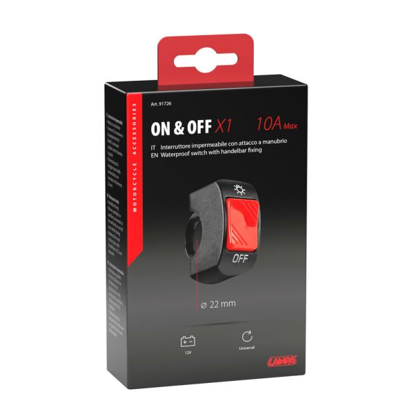 ΔΙΑΚΟΠΤΗΣ ΤΙΜΟΝΙΟΥ ON/OFF ΓΙΑ ΠΡΟΒΟΛΑΚΙΑ MOTO 12V/10A ΜΕ ΔΙΑΜΕΤΡΟ 22mm LAMPA -1ΤΕΜ