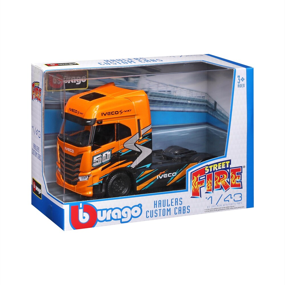 Lampa - Μινιατούρα νταλίκα Iveco S-Way 1:43 σε πορτοκαλί/μαύρο χρώμα Burago - 1 τεμ. (L.BU32208)