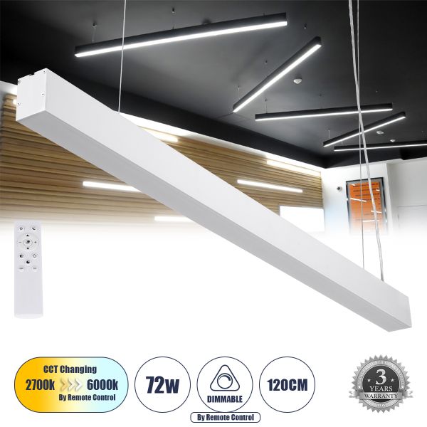 GLOBOSTAR® ORION 61031-P Μοντέρνο Γραμμικό Κρεμαστό Φωτιστικό Οροφής LED 72W 8600lm 120° AC 220-240V IP20 Ρυθμιζόμενο Λευκό CCT με Χειριστήριο από 2700K έως 6000K Dimmable - Lumileds SMD Chip - Λευκό - Μ120 x Π5.5 x Υ7cm - 3 Χρόνια Εγγύηση