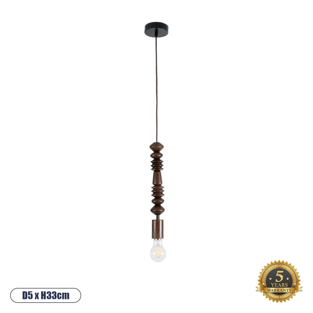 GLOBOSTAR® BEADS 00693 Vintage Κρεμαστό Φωτιστικό Οροφής με Ντουί 1 x E27 AC 220-240V IP20 - Καφέ - Μ5 x Π5 x Y33cm