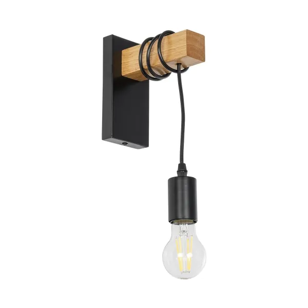 GloboStar® KELA 00880 Μοντέρνο Επιτοίχιο Φωτιστικό Απλίκα Μονόφωτο 1 x E27 IP20 Μαύρο Μέταλλο με Μπεζ Ξύλο - Μ8 x Π15 x Υ30cm