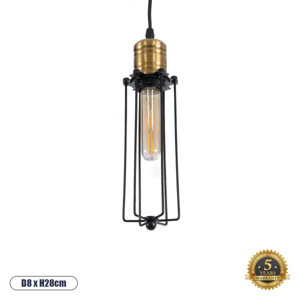 GLOBOSTAR® KLECE 01057 Vintage Κρεμαστό Φωτιστικό Οροφής με Ντουί 1 x E27 AC 220-240V IP20 - Μαύρο & Χρυσό - Μ8 x Π8 x Υ28cm