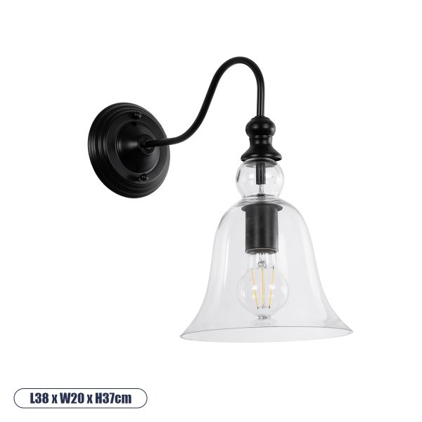 GloboStar® LILLY 01064 Vintage Επιτοίχιο Φωτιστικό Απλίκα Μονόφωτο 1 x E27 IP20 Μαύρο Μέταλλο με Διάφανο Γυαλί - Μ38 x Π20 x Υ37cm