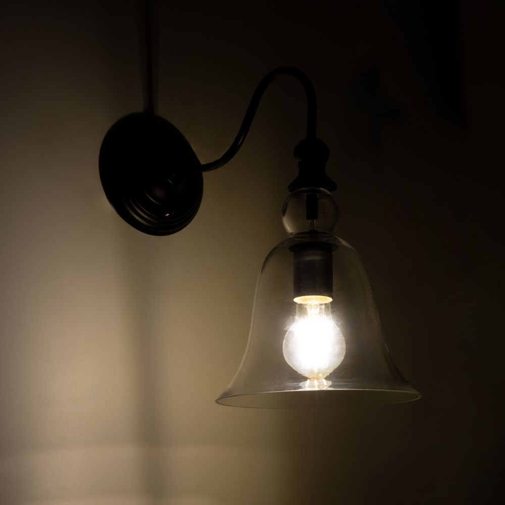 GLOBOSTAR® LILLY 01064 Vintage Φωτιστικό Τοίχου - Απλίκα με Ντουί 1 x E27 AC 220-240V IP20 - Μαύρο & Διάφανο - Μ38 x Π20 x Υ37cm