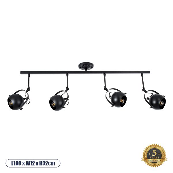 GLOBOSTAR® CANNES 01082 Μοντέρνο Φωτιστικό Οροφής με Ντουί 4 x E27 AC 220-240V IP20 - Μαύρο - Μ108 x Π12 x Υ48cm