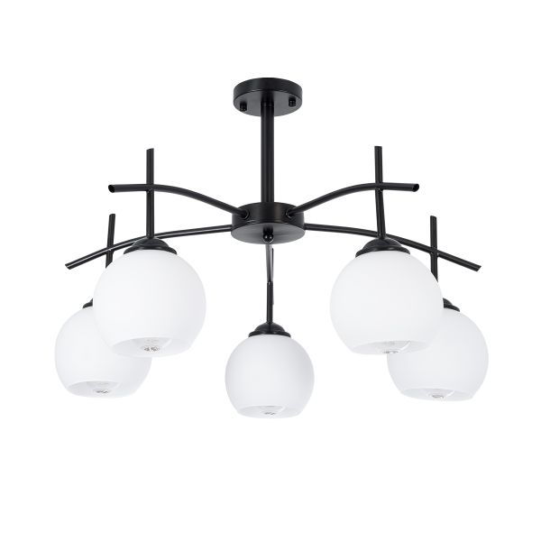 GloboStar® LUNA 01088 Μοντέρνο Φωτιστικό Οροφής Μπάλα Πολύφωτο 5 x E27 IP20 Μαύρο Μέταλλο με Λευκό Γυαλί - Μ60 x Π60 x Υ43cm