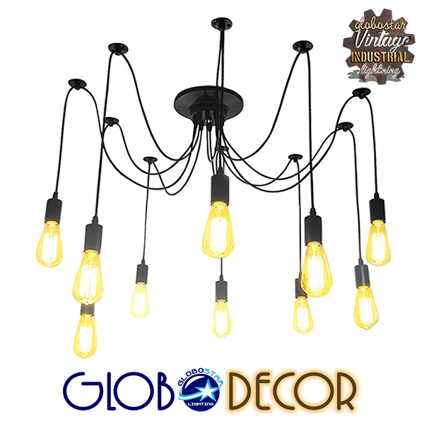 GloboStar® WIRED 01173 Vintage Κρεμαστό Φωτιστικό Πλέγμα Πολύφωτο 10 x E27 Μαύρο Μέταλλο με Μαύρο Πλαστικό - 200cm