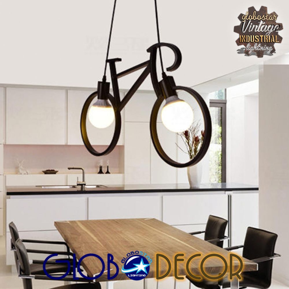 GLOBOSTAR® BIKE 01213 Vintage Κρεμαστό Φωτιστικό Οροφής με Ντουί 2 x E27 AC 220-240V IP20 - Μαύρο - Μ67 x Π3.5 x Υ41cm