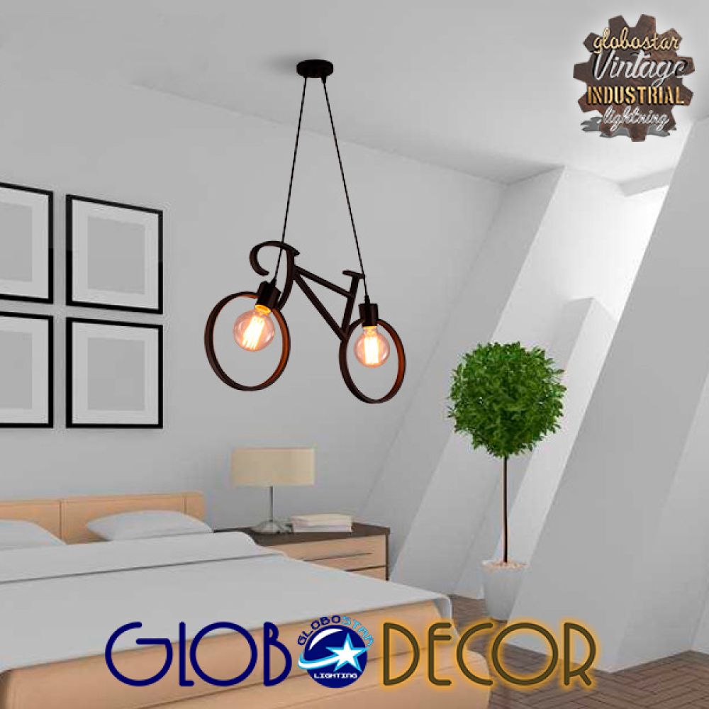 GLOBOSTAR® BIKE 01213 Vintage Κρεμαστό Φωτιστικό Οροφής με Ντουί 2 x E27 AC 220-240V IP20 - Μαύρο - Μ67 x Π3.5 x Υ41cm