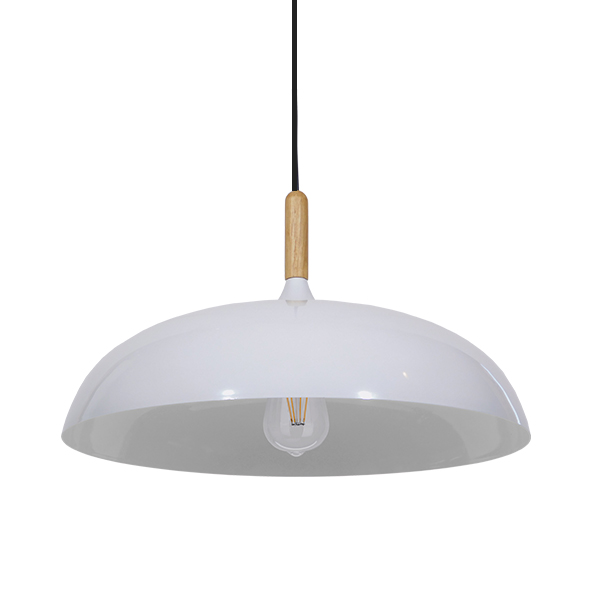 GloboStar® VALLETE 01256 Μοντέρνο Κρεμαστό Φωτιστικό Καμπάνα Μονόφωτο 1 x E27 IP20 Λευκό Μέταλλο με Μπεζ Ξύλο - Μ45 x Π45 x Υ27cm