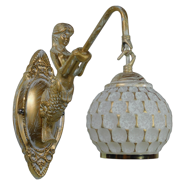 GloboStar® MERMAID 01317 Vintage Επιτοίχιο Φωτιστικό Απλίκα Μονόφωτο 1 x E27 IP20 Λευκό Γυαλί με Λευκό & Χρυσό Μέταλλο - Μ12.5 x Π28 x Υ27cm